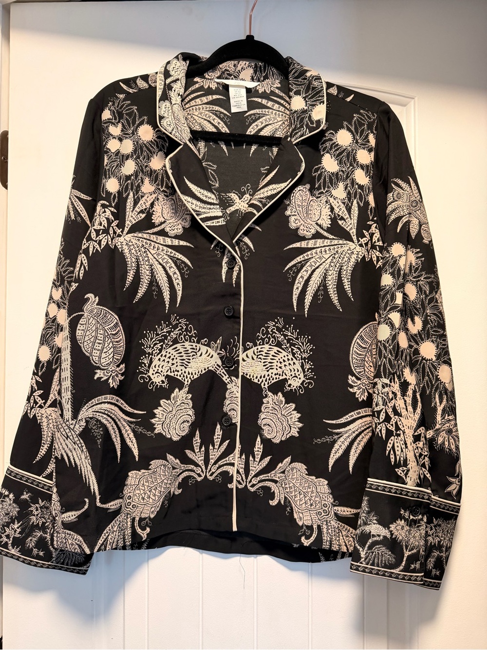 Oversized H&M Black Button-Up Blouse with Cream Botanical Print